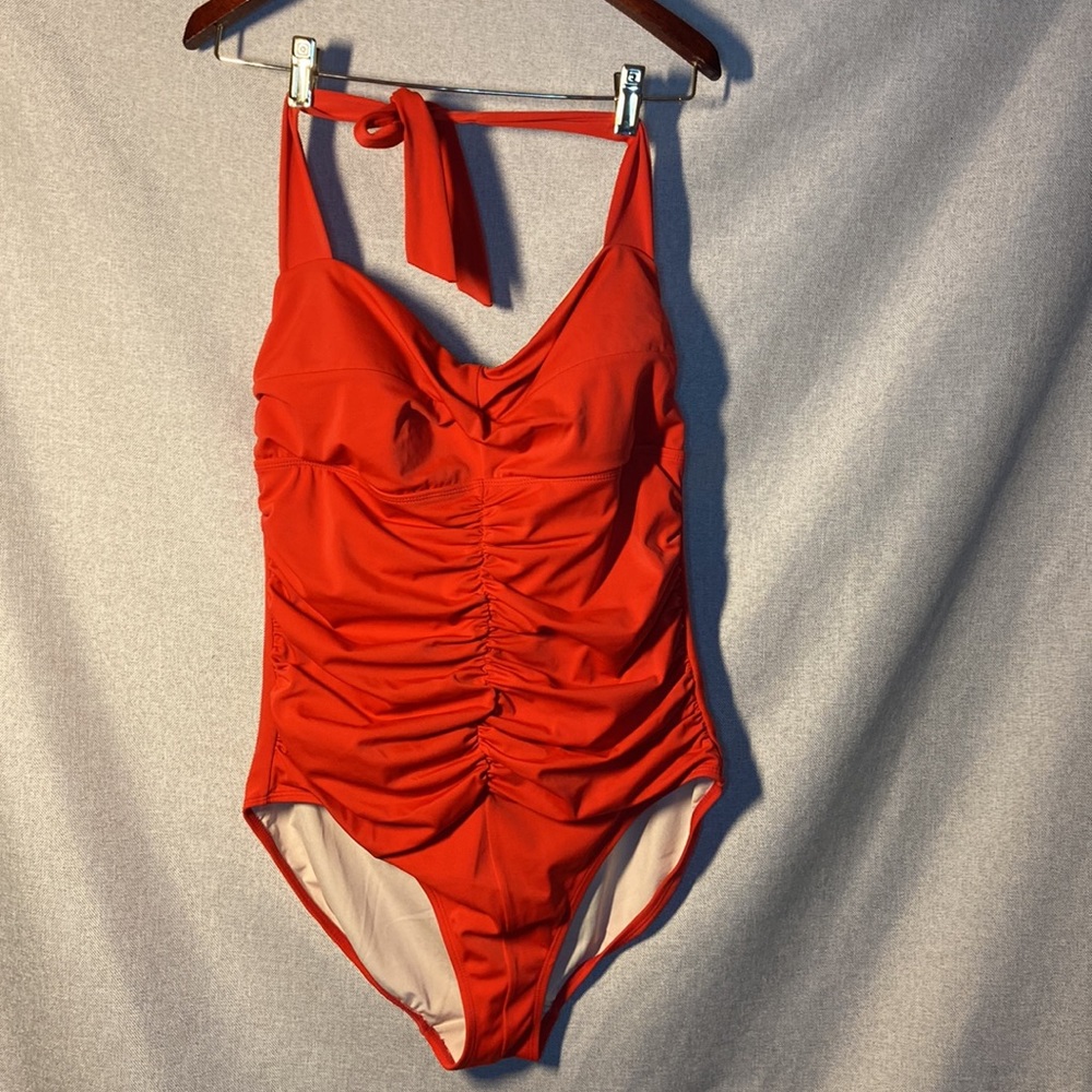Tropical Escape Red Halter Swim-Suit, Size 14
